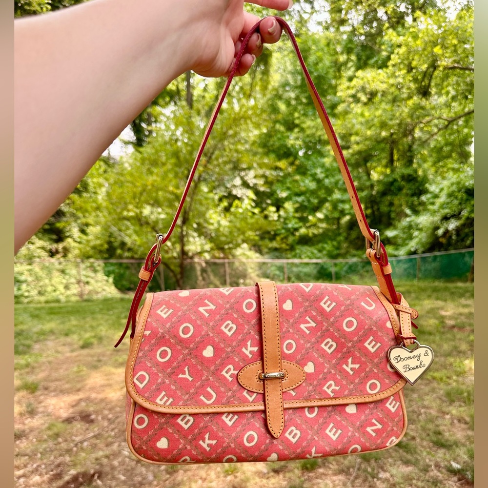 Y2K Vintage Dooney & Bourke Coral Red Crossword Coated Canvas Leather Bag